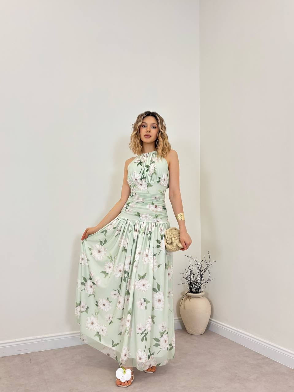 Çiçek Desenli Maxi Elbise